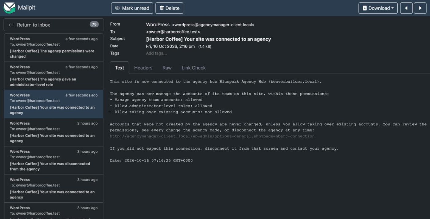 Example email: your site was connected to an agency