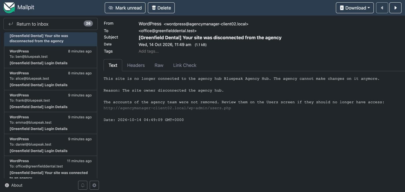 Example email: your site was disconnected from the agency