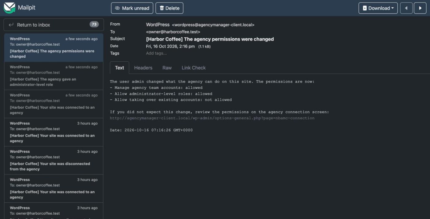 Example email: the agency permissions were changed