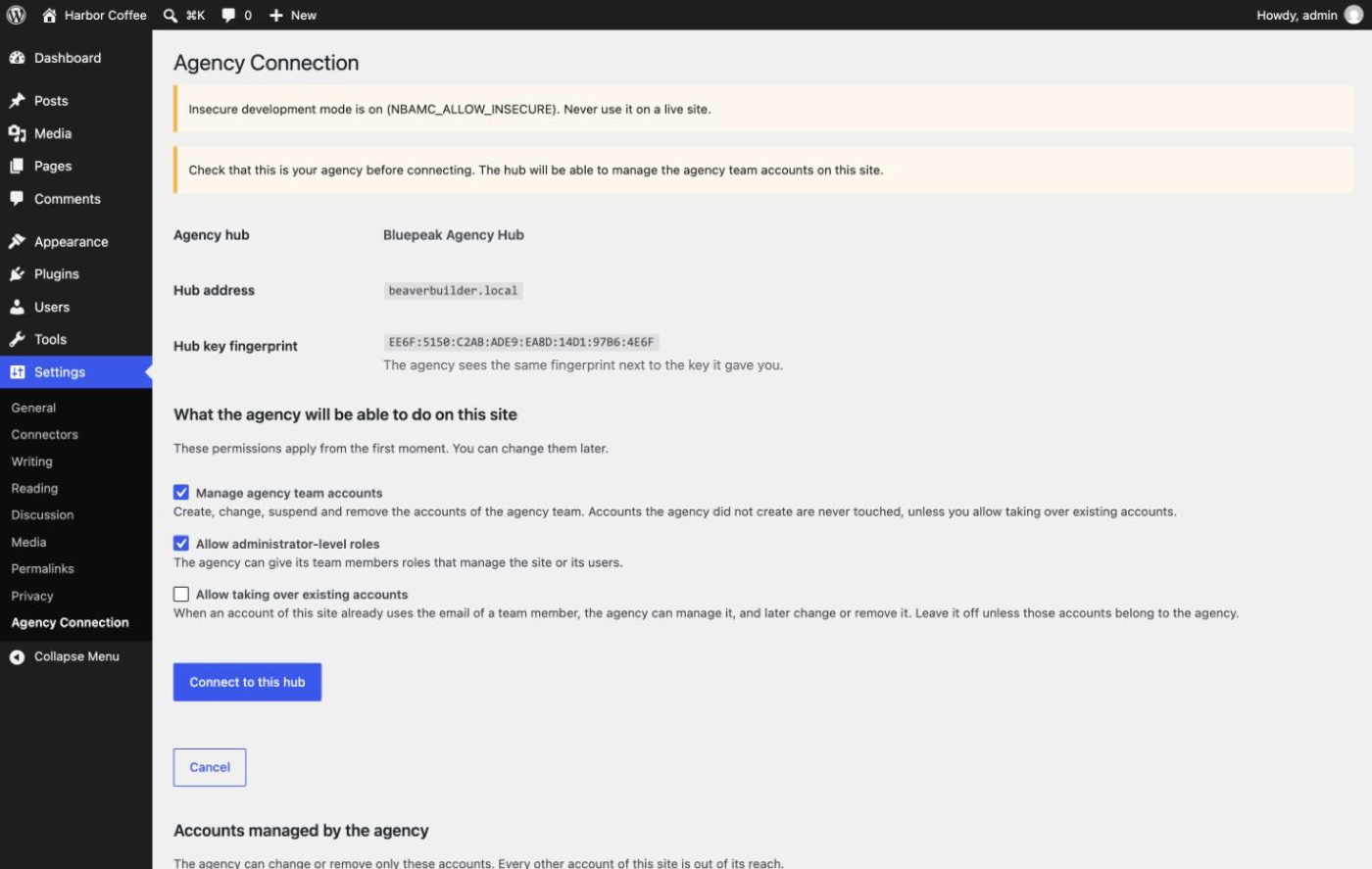 Confirmation screen showing the agency hub name, address and key fingerprint before connecting