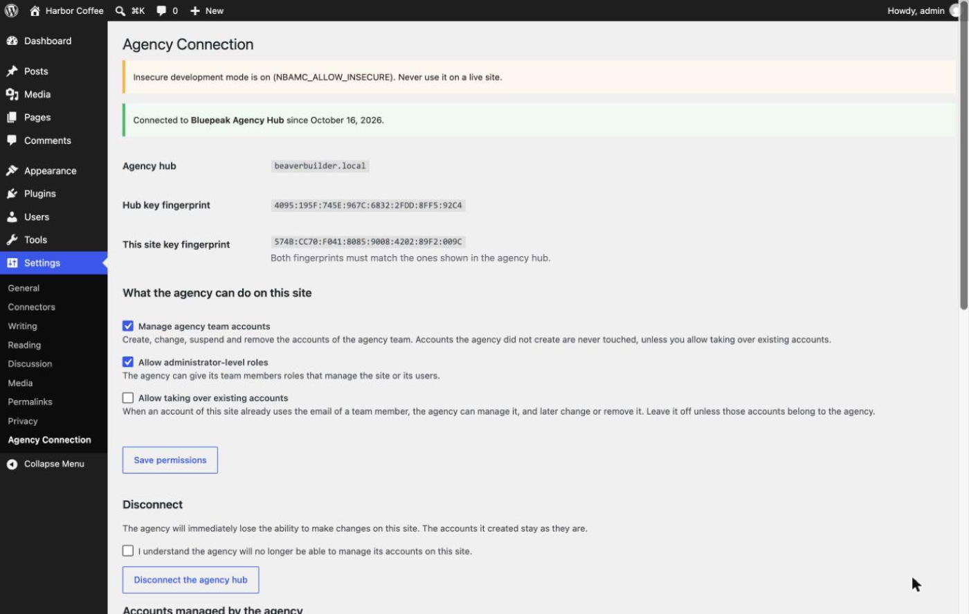 Connected to the agency, with fingerprints, permissions and disconnect option shown