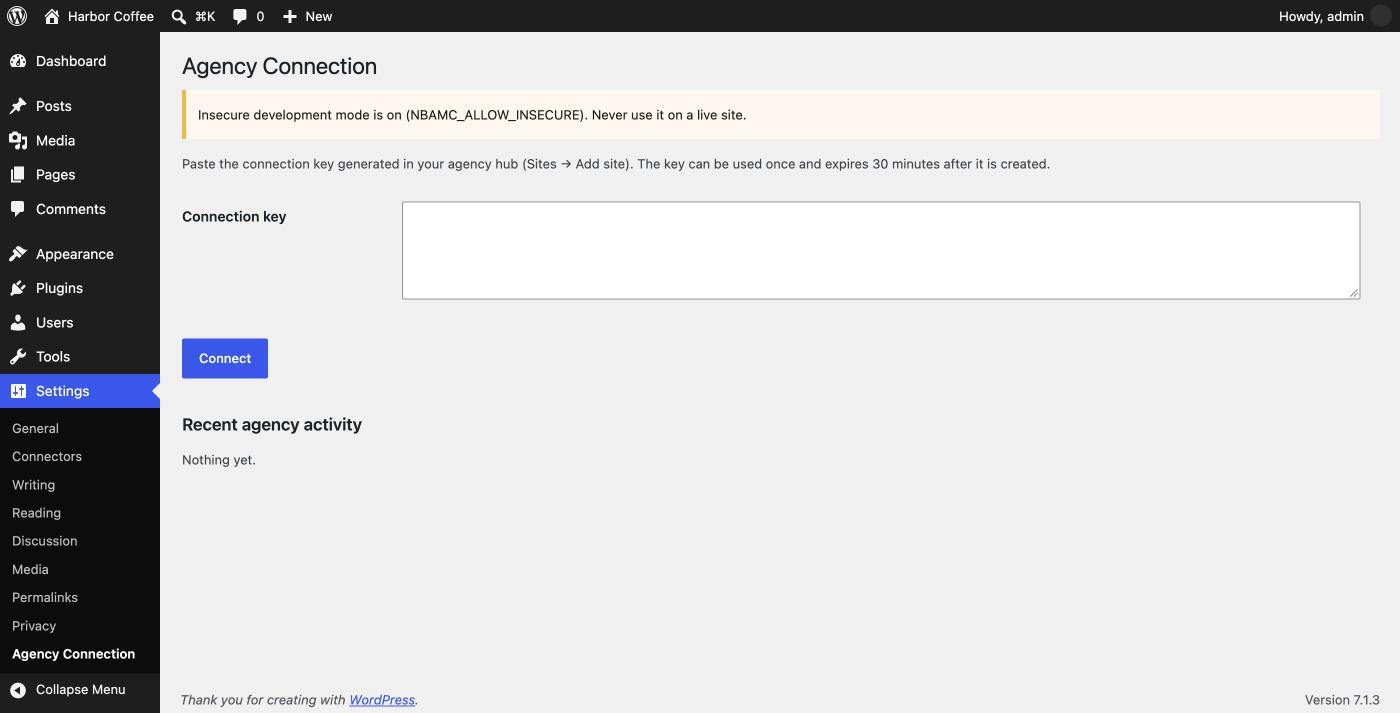 Agency Connection screen before connecting, with a field to paste the connection key