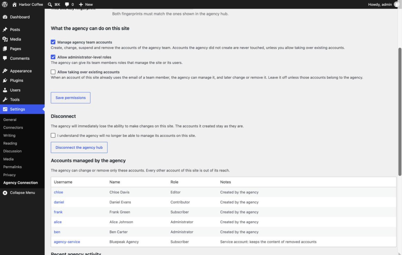 The three permission toggles: manage team accounts, allow administrator roles, allow taking over existing accounts