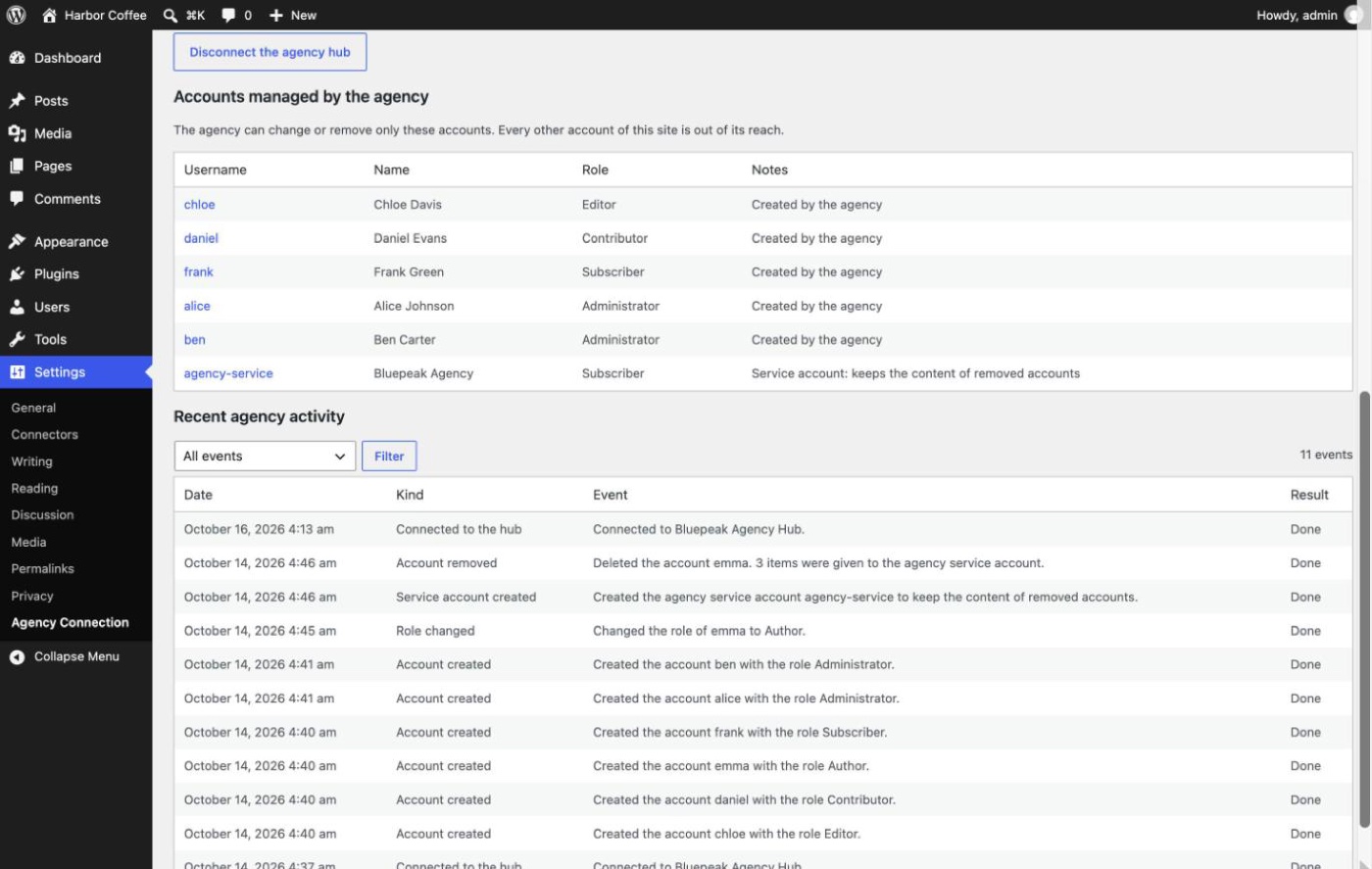 Accounts managed by the agency list on the Agency Connection screen