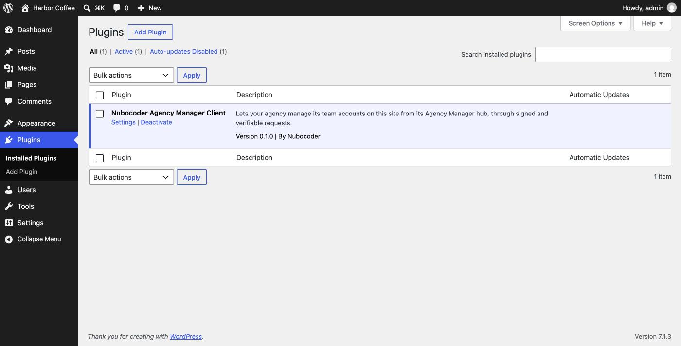 The Client plugin listed in the WordPress Plugins screen