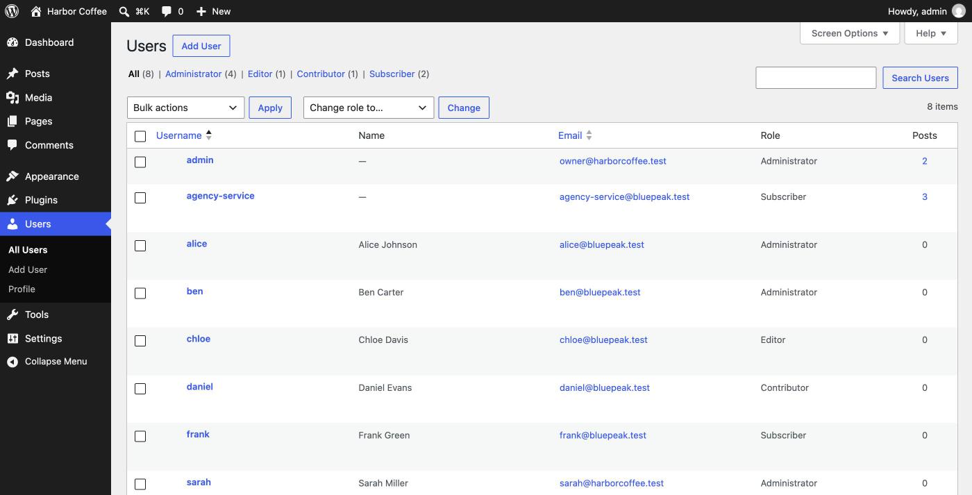Users screen of a client site showing agency and service accounts