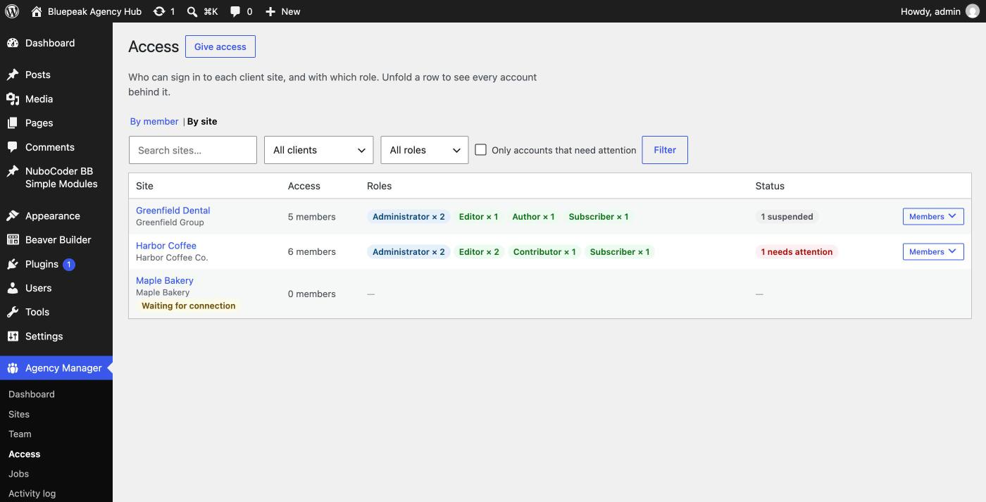 Access overview grouped by site