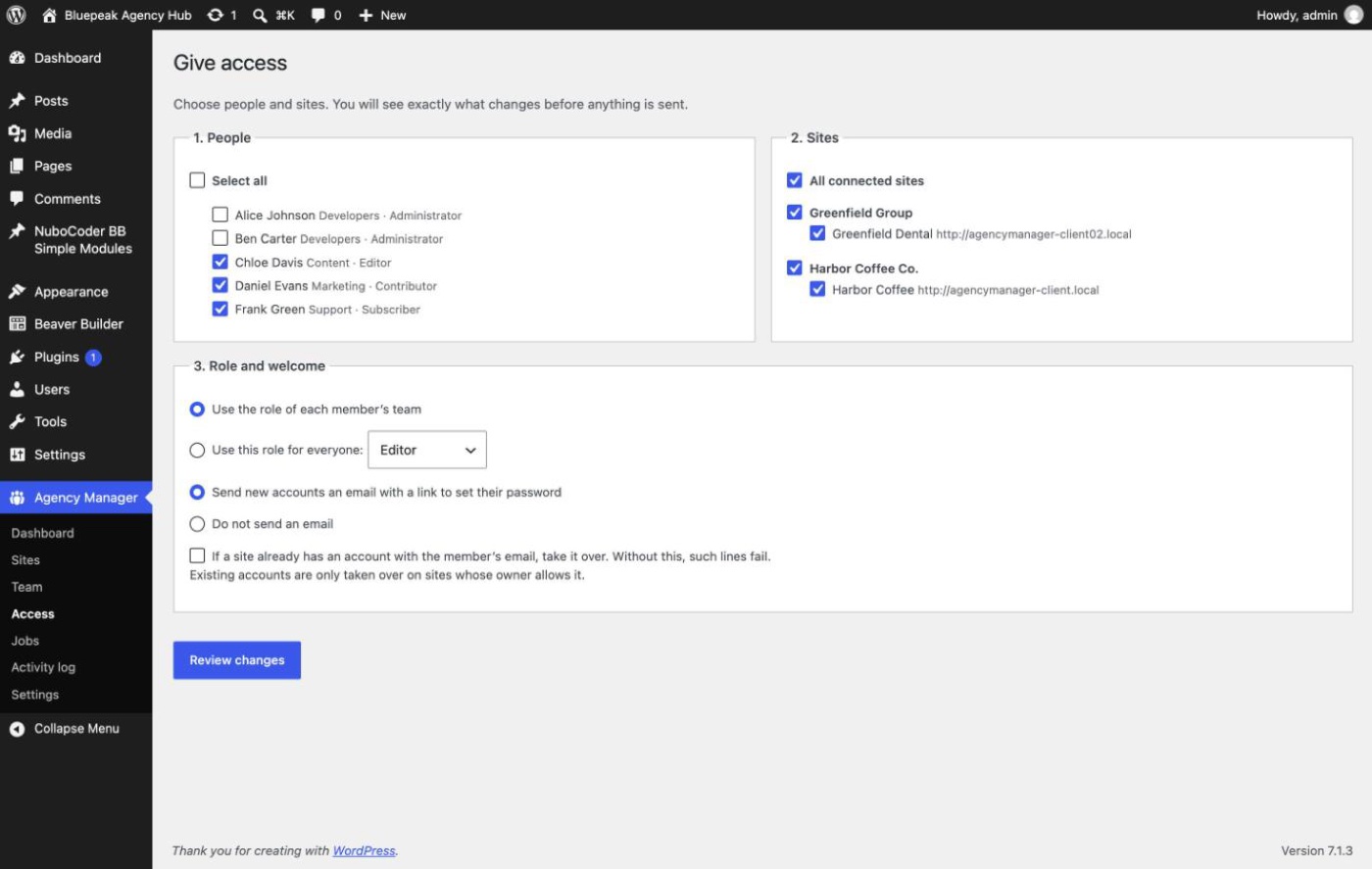 Give access form with members, sites and role options