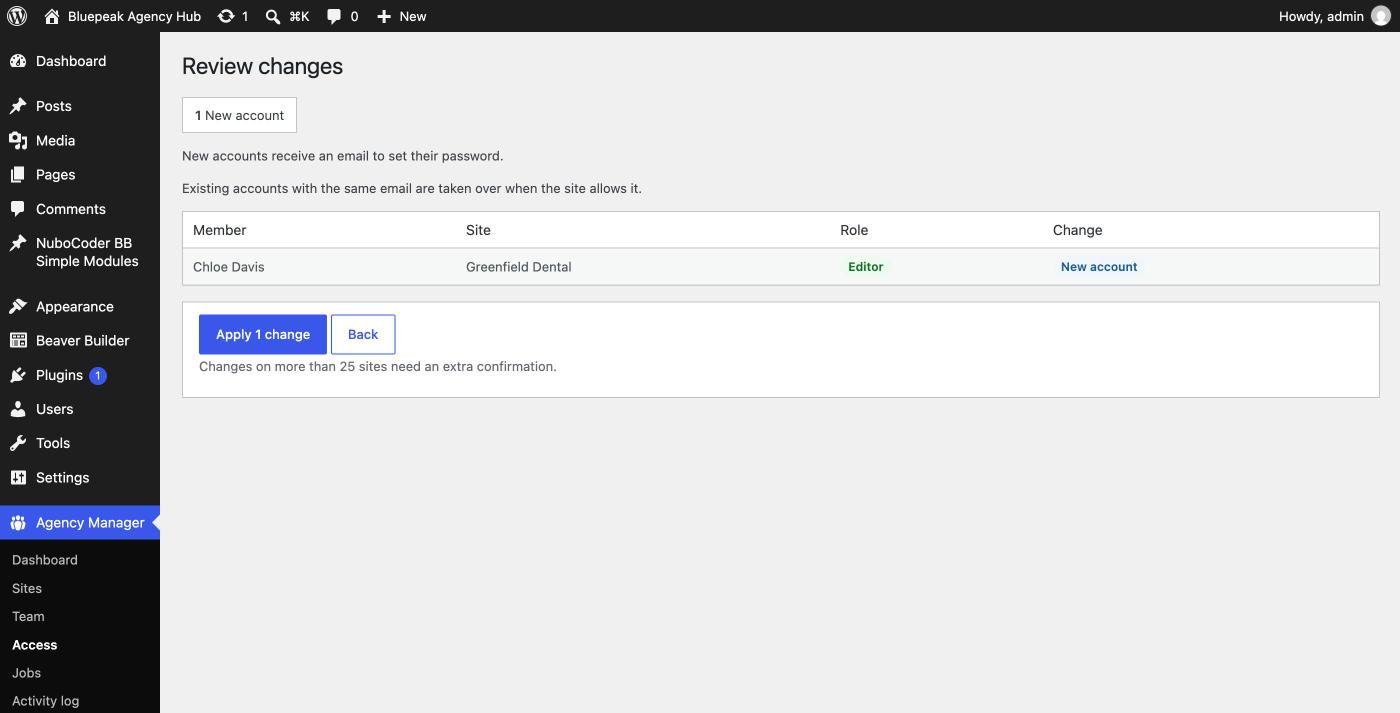 Review screen for a take-over of an existing account