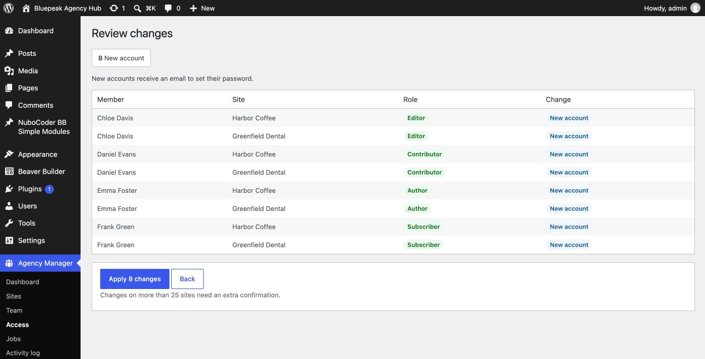 Review changes screen showing new accounts, role changes and blocked lines