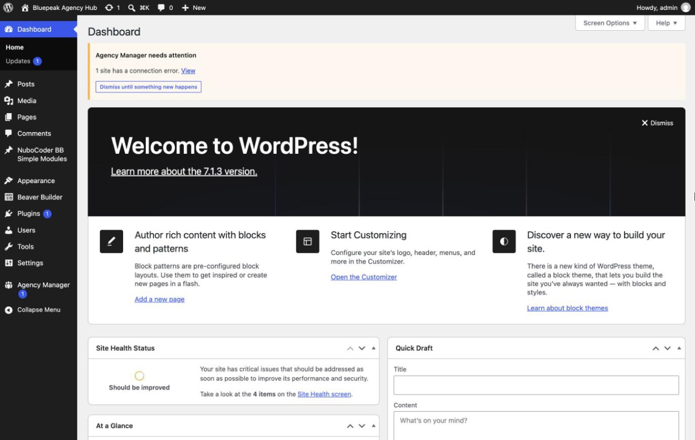Agency Manager needs attention notice in the WordPress admin