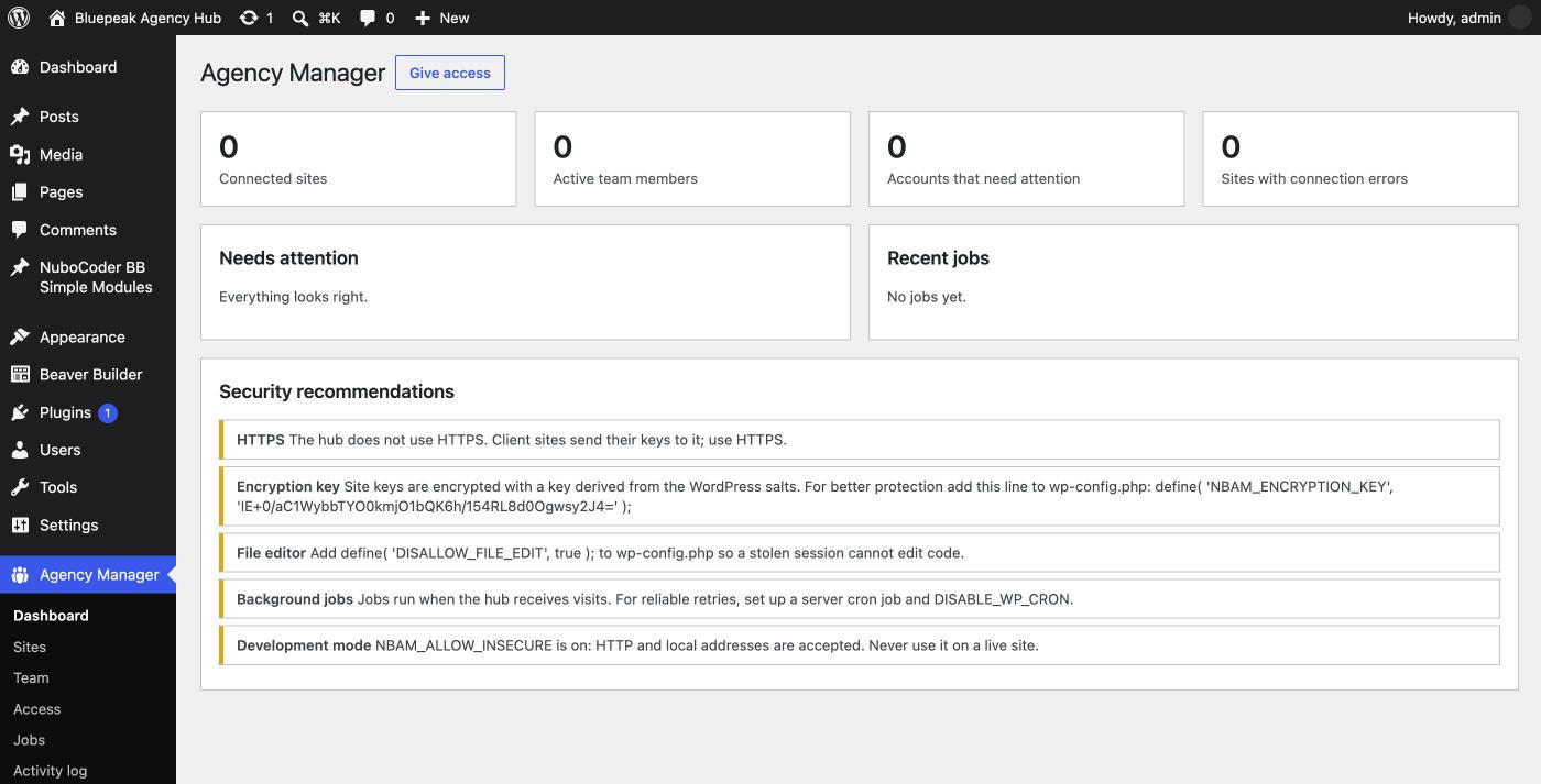 The Hub dashboard right after activation, with zeros everywhere and a list of security recommendations