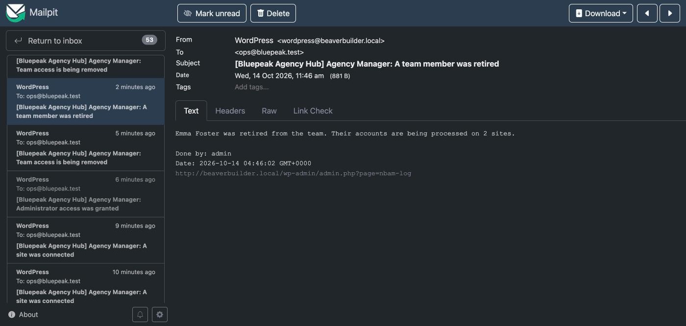 Example email: a team member was retired