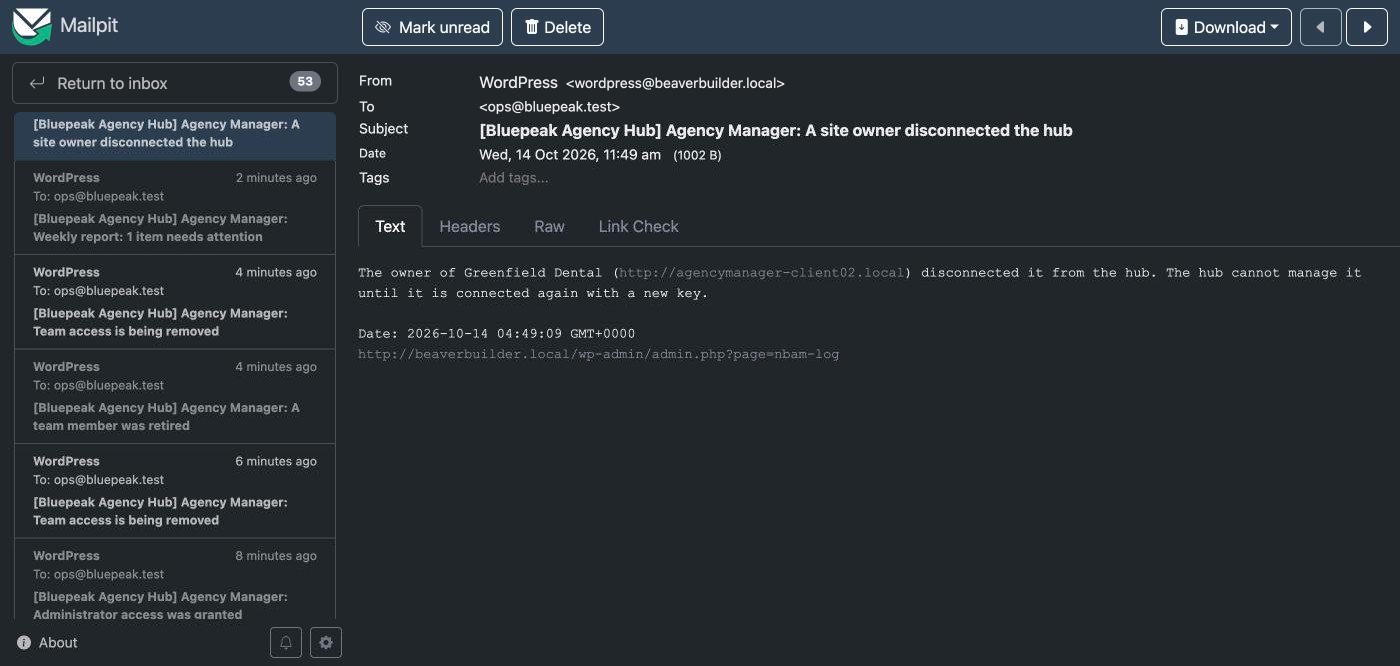 Example email: a site owner disconnected the hub