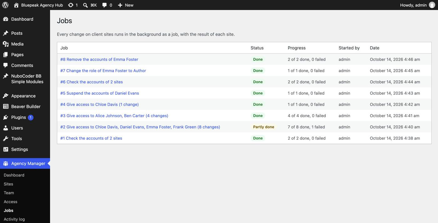Jobs list with status, progress and who started each one