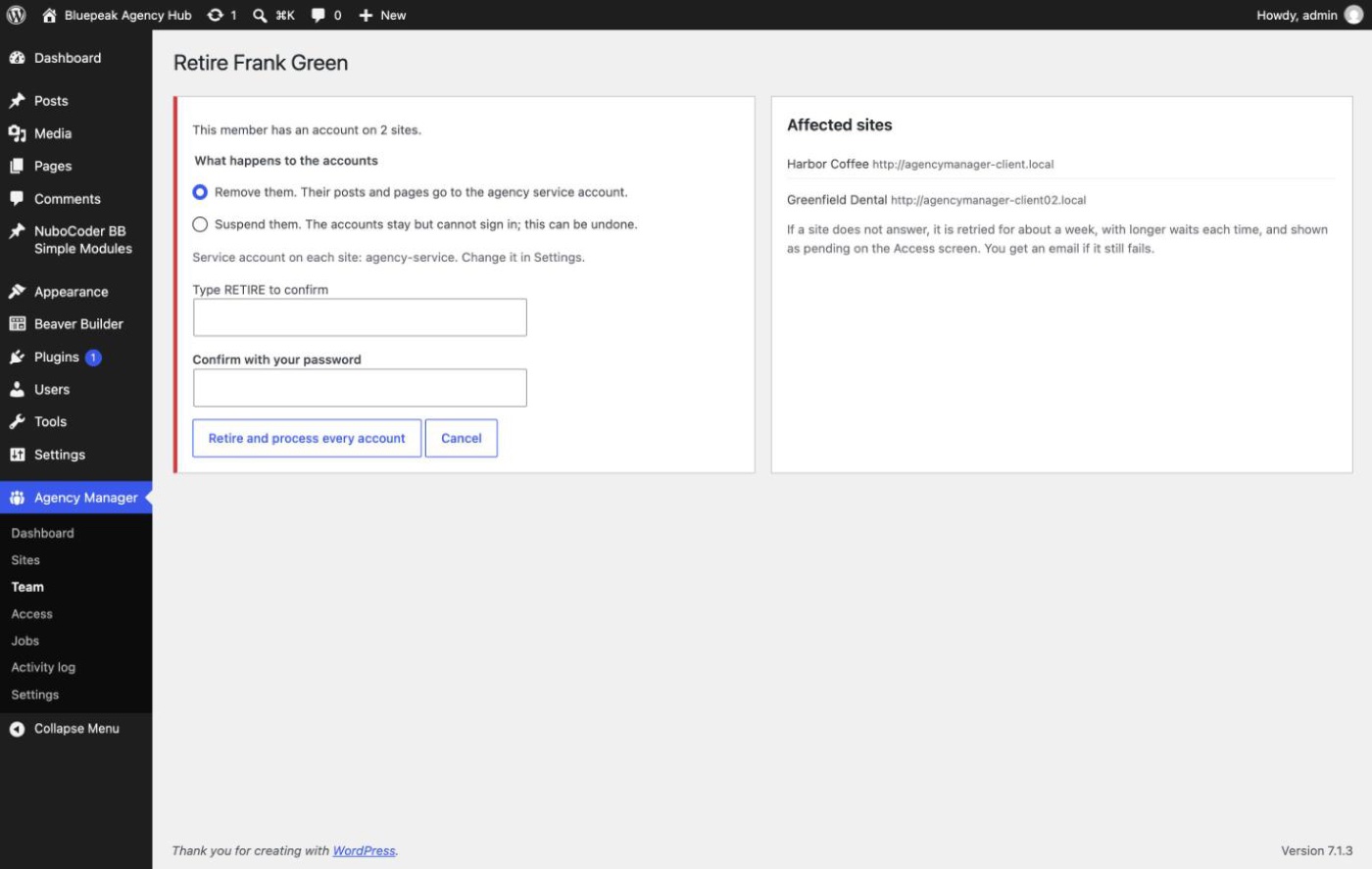 Retire screen with remove or suspend options and affected sites