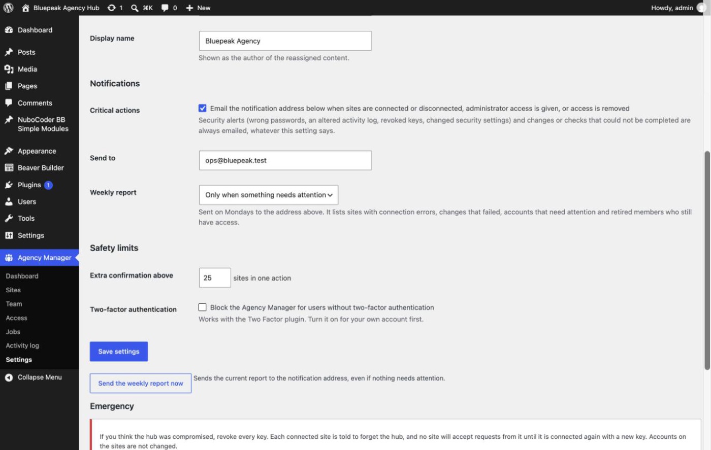 Notifications settings with critical actions, send-to address, weekly report and safety limits