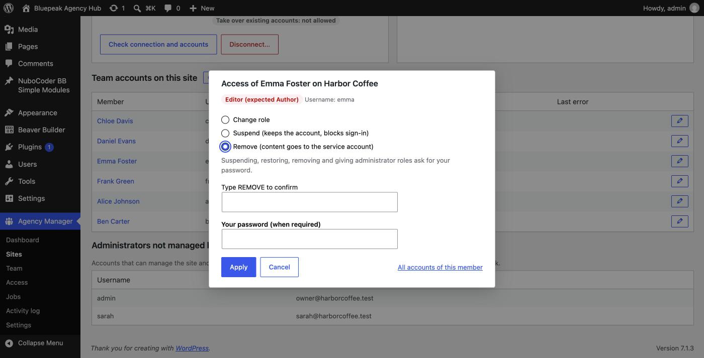 Remove account dialog from the site screen