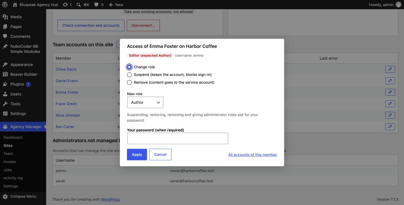 Change role dialog opened from the site screen
