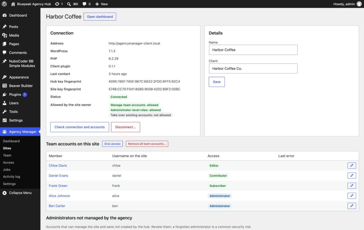 Site details screen with connection info and fingerprints