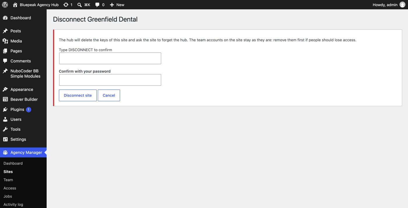 Disconnect a site confirmation screen