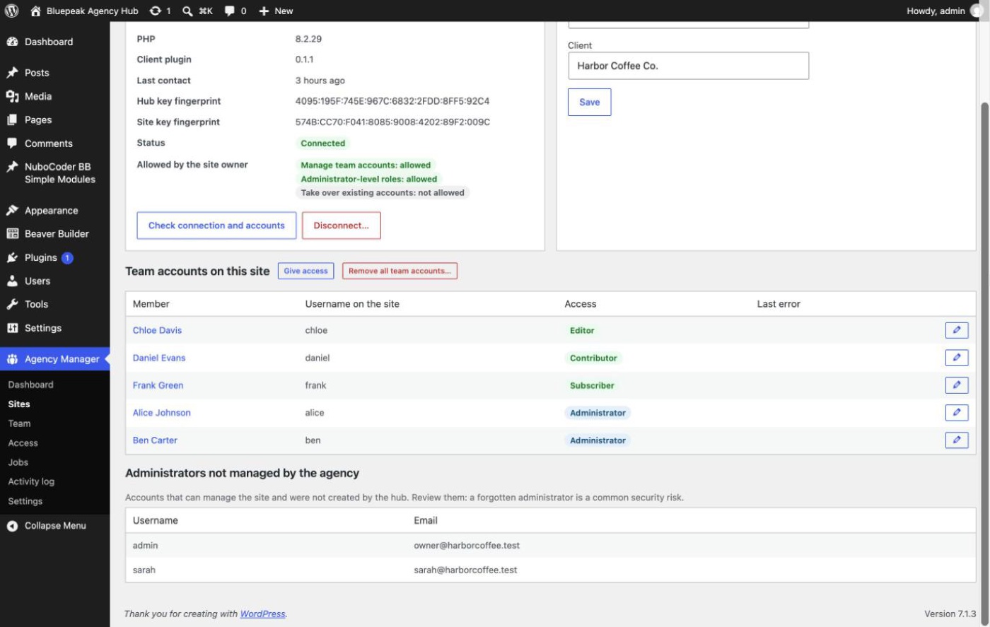 Team accounts and administrators listed on a site's detail page