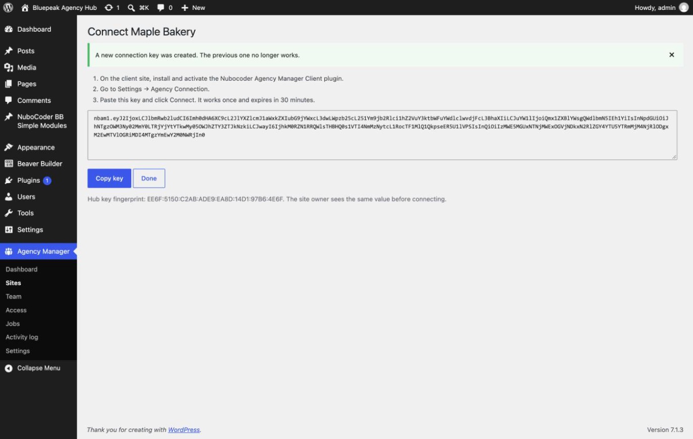 Connection key shown once for a new site