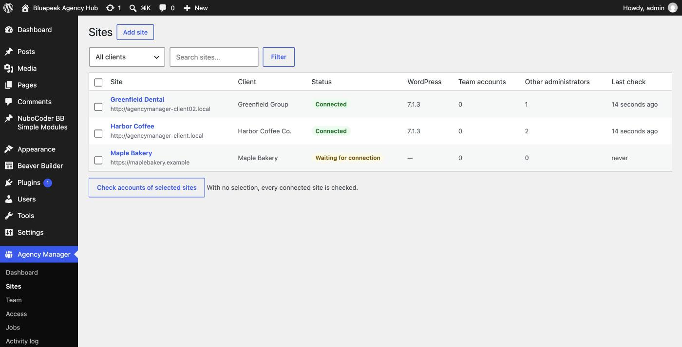 Sites list with status, WordPress version and team account counts