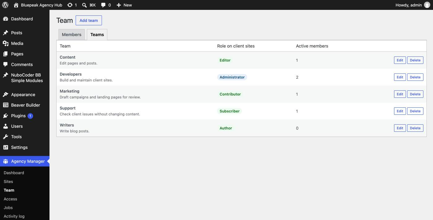 Teams tab listing Developers, Content, Writers, Marketing and Support teams