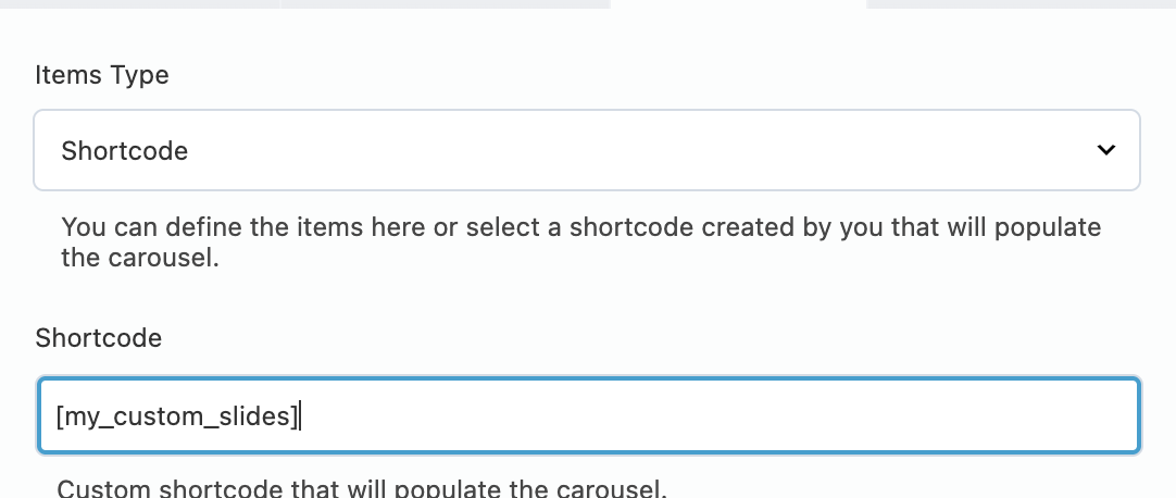 Items Type set to Shortcode, with a custom shortcode field