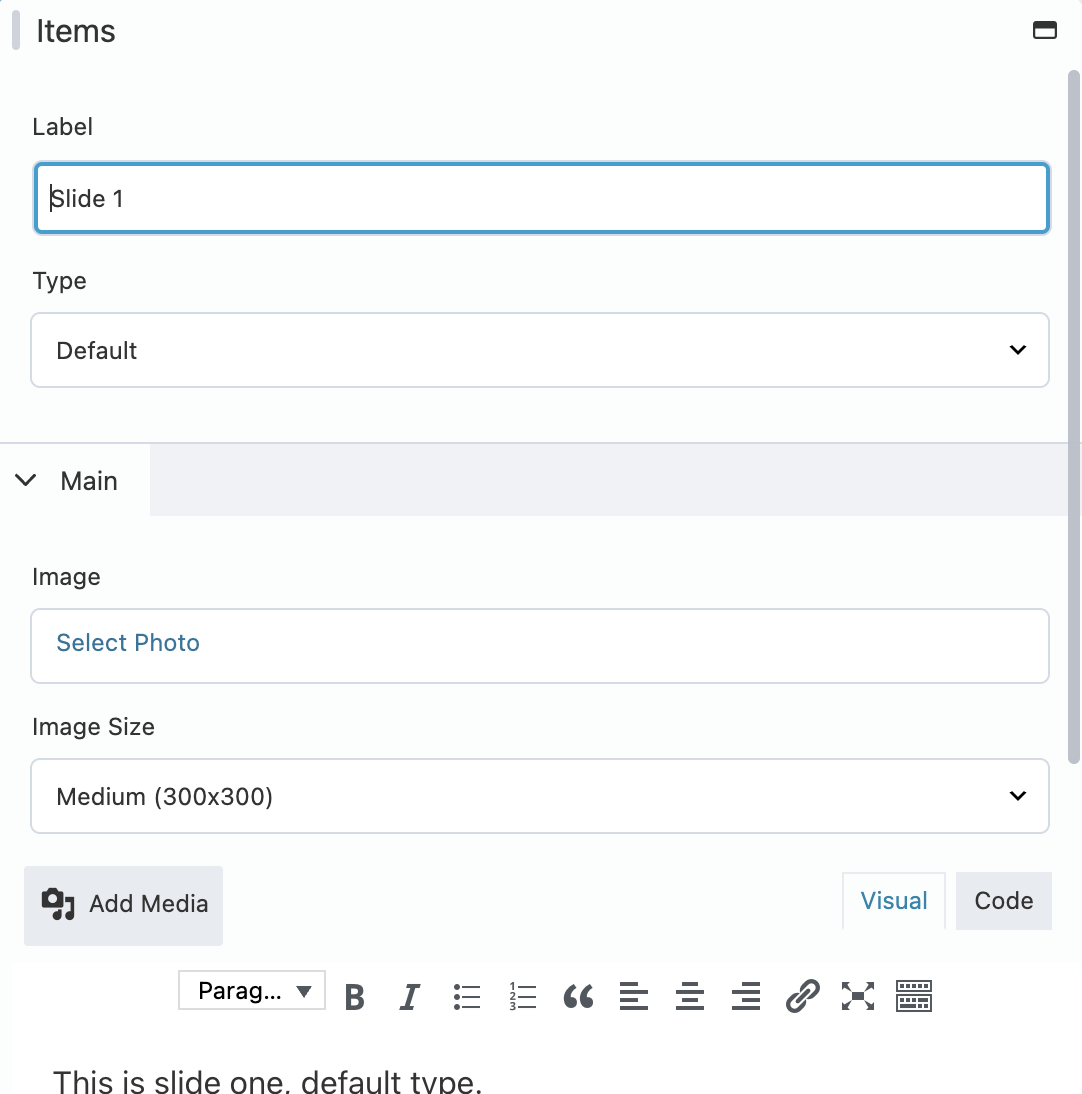 The Default item editor — image, content, and label