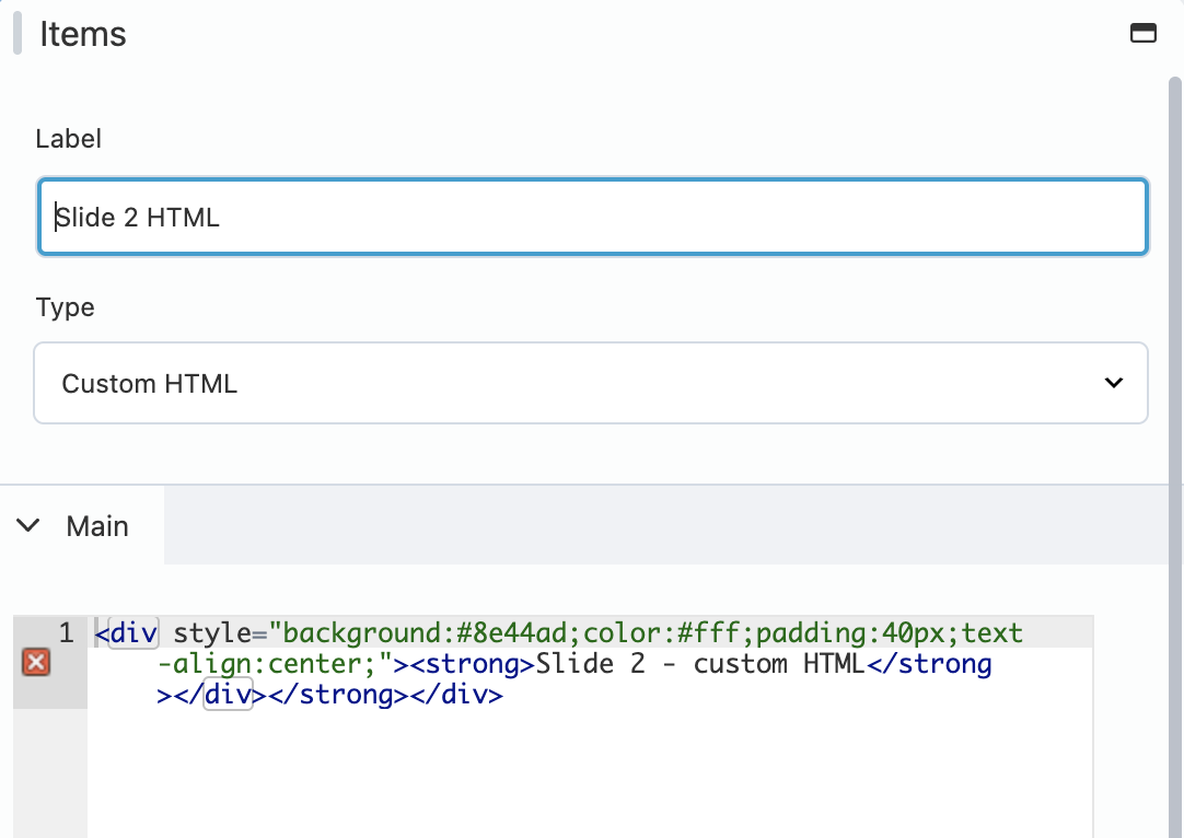 The Custom HTML item editor, with syntax-highlighted code