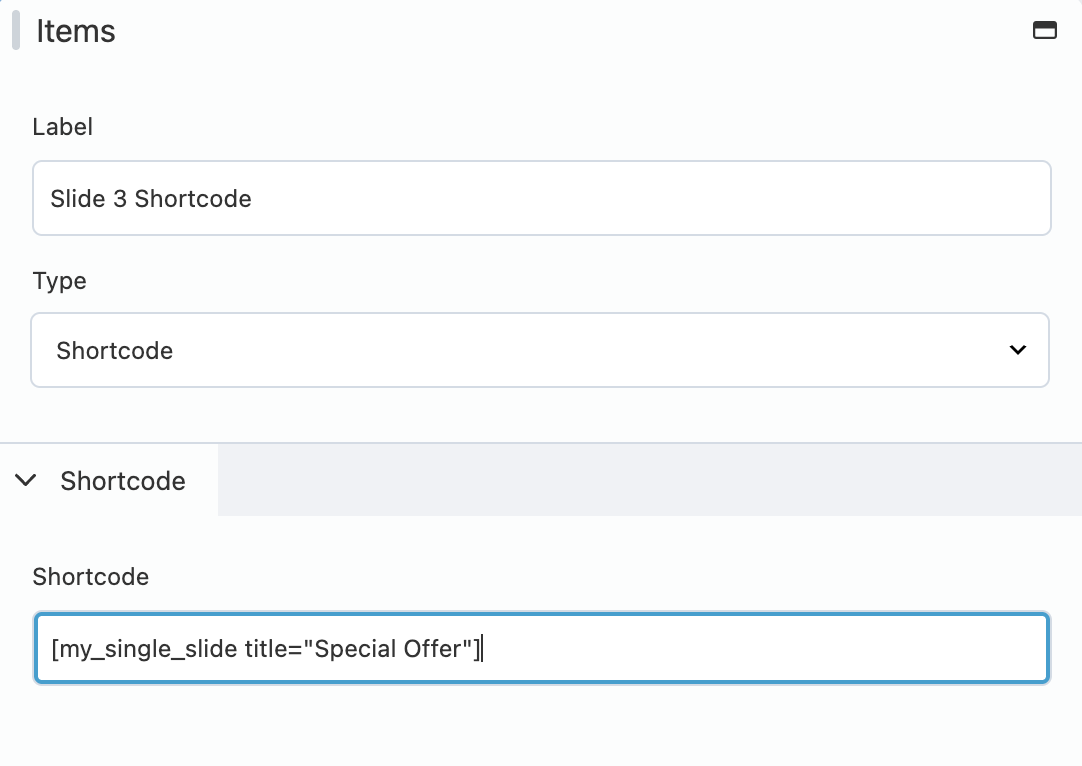 The Shortcode item editor