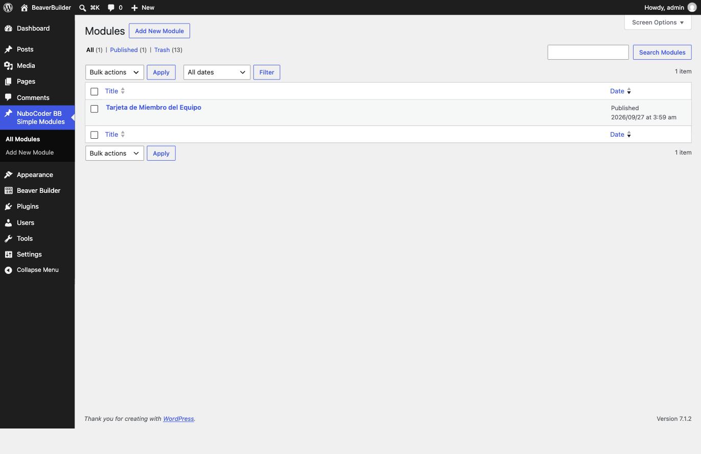 Plugin menu in the WordPress dashboard, showing the list of created modules