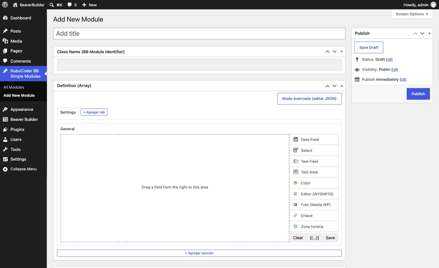 A new module screen with an empty visual builder and the field-type palette on the right