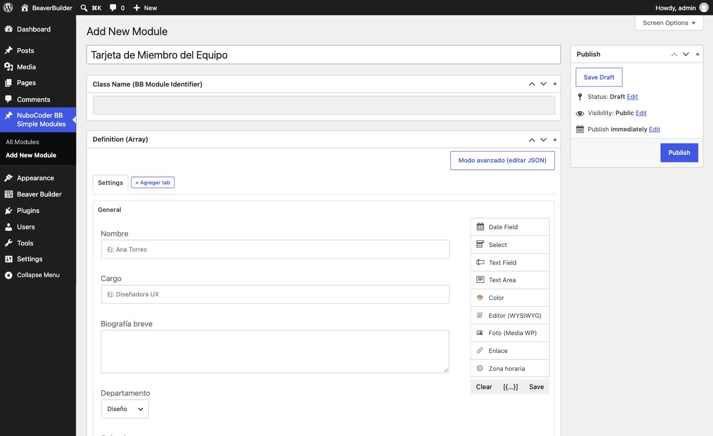 Visual builder with the Name, Job Title, Short Bio and Department fields already added