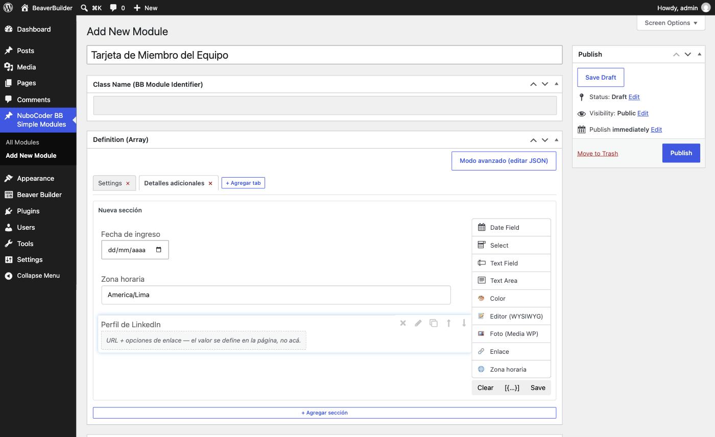 Module with two tabs: Settings and Additional Details, the latter with Join Date, Time Zone and LinkedIn Profile fields