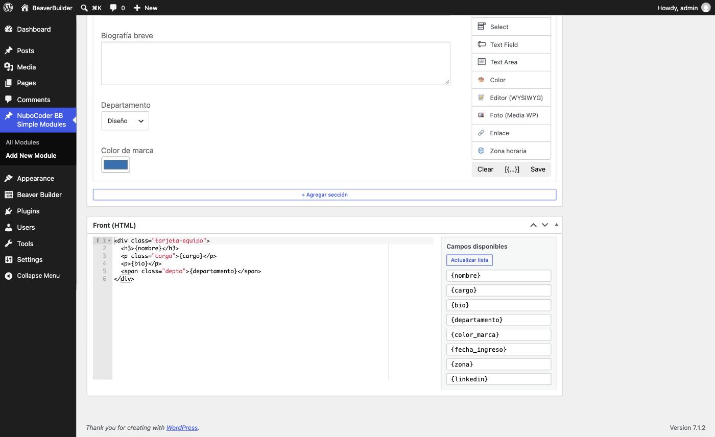 HTML editor with a template using placeholders, and the Available Fields panel on the right listing every field in the module