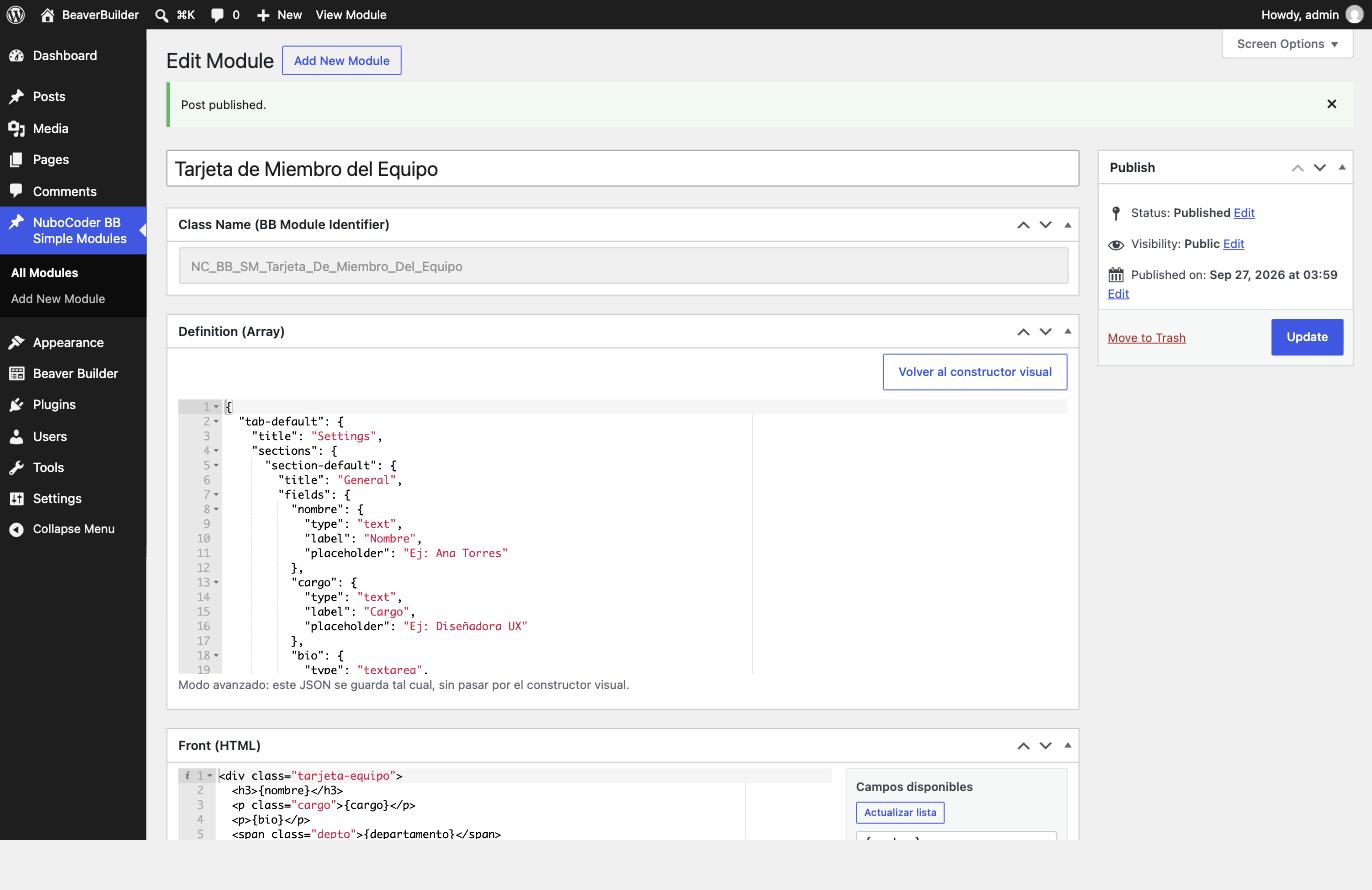 JSON editor in advanced mode showing the tabs, sections and fields structure