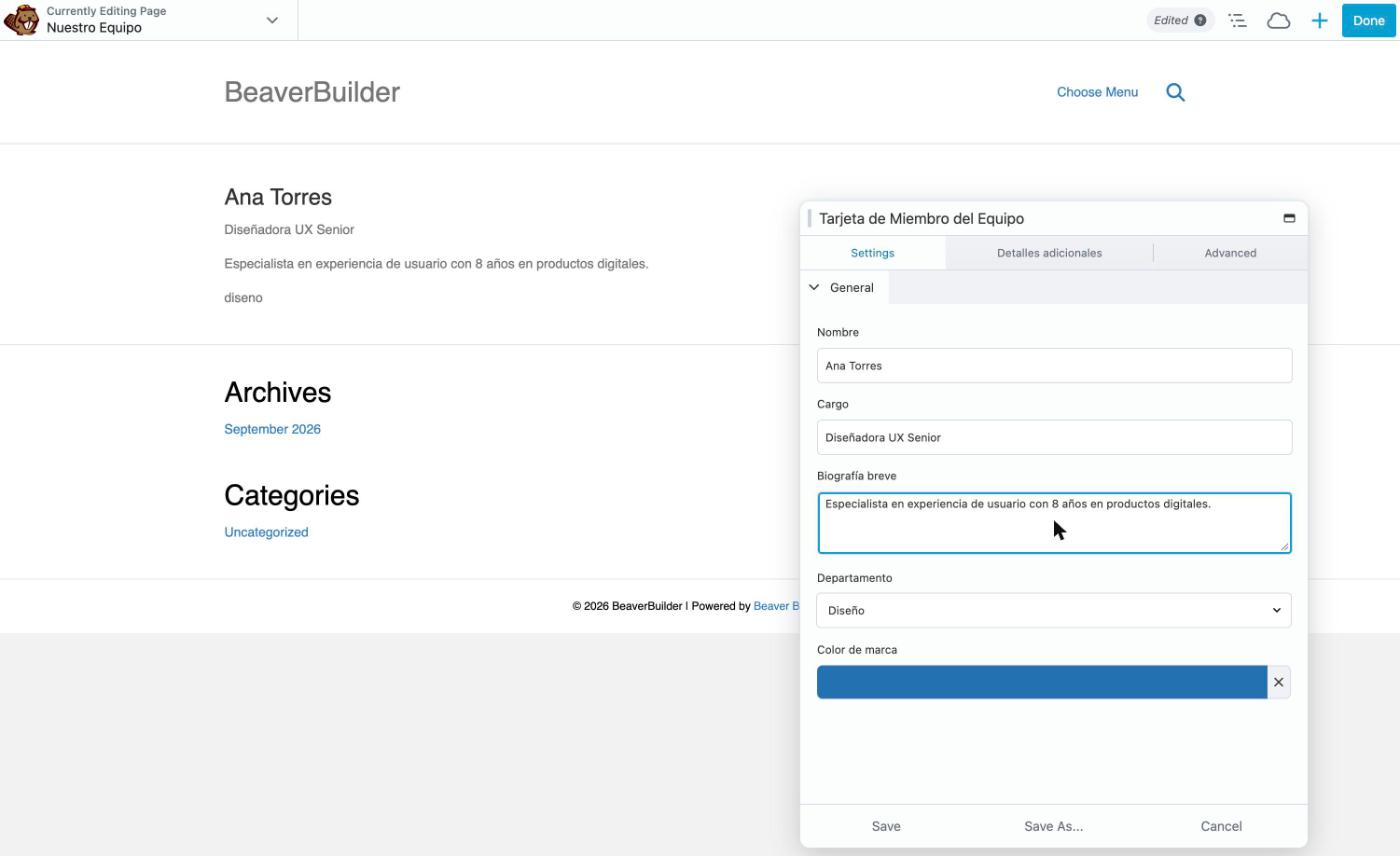 Real Beaver Builder settings panel showing the Name, Job Title, Short Bio, Department and Brand Color fields, with a live preview behind it