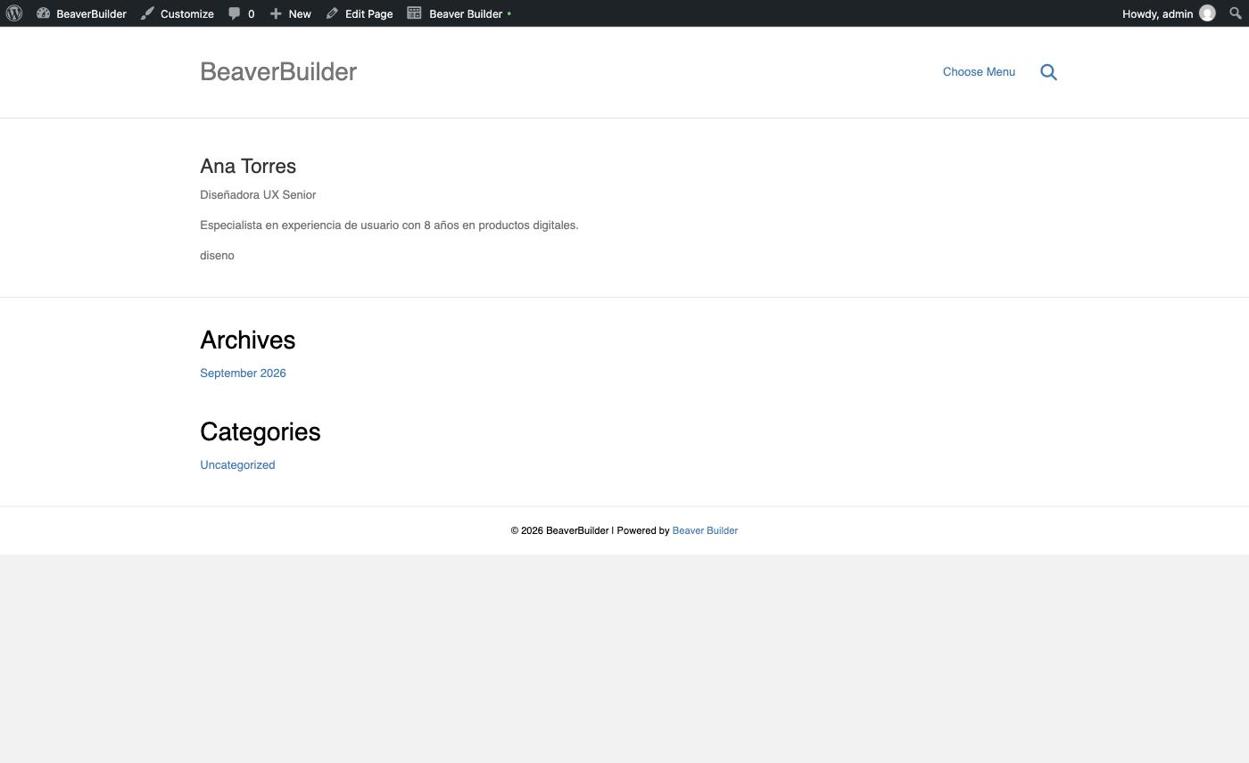 Published page showing the rendered team card: name, job title, bio and department