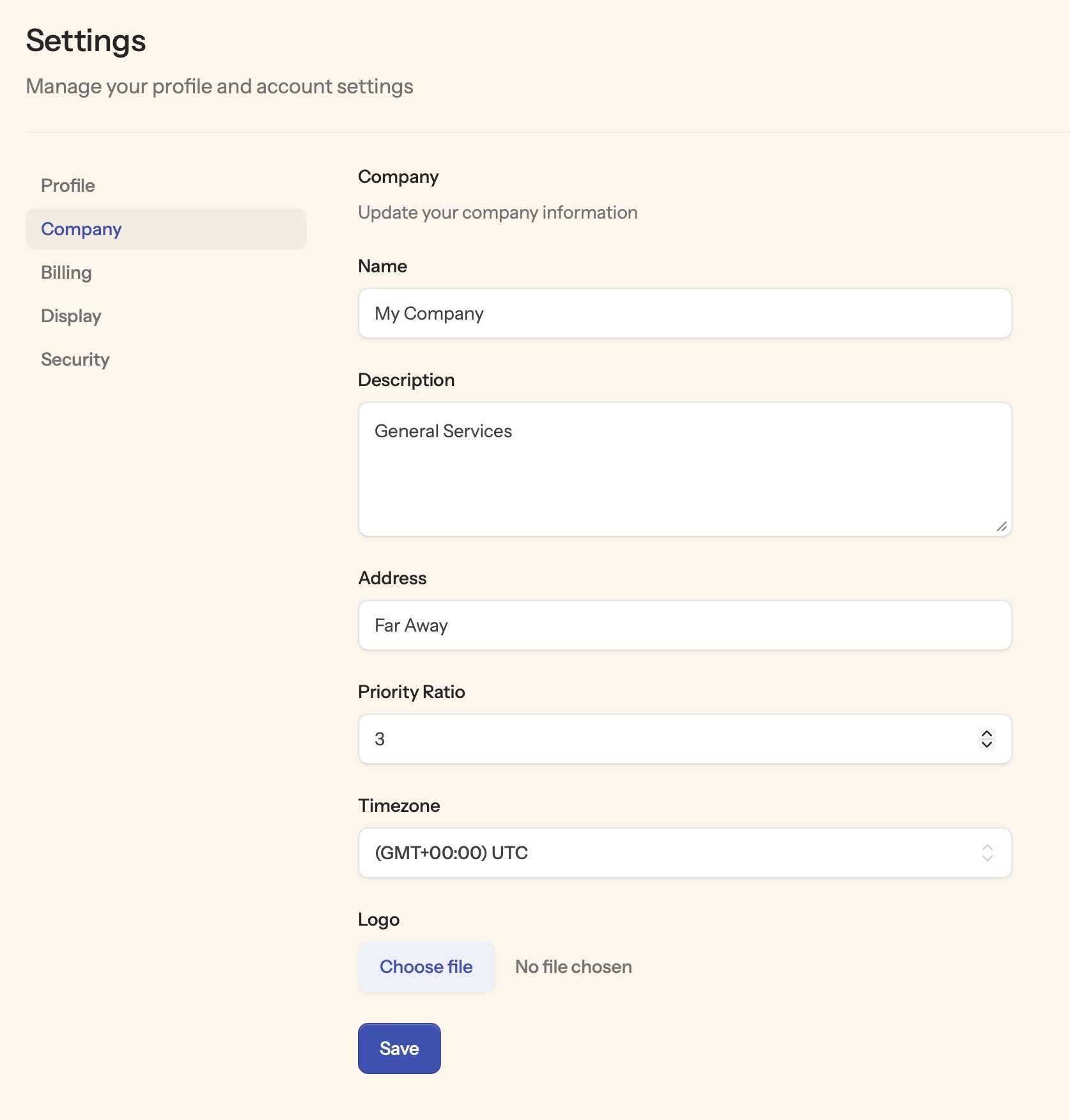 Company settings screen showing the Priority Ratio field, set to 3
