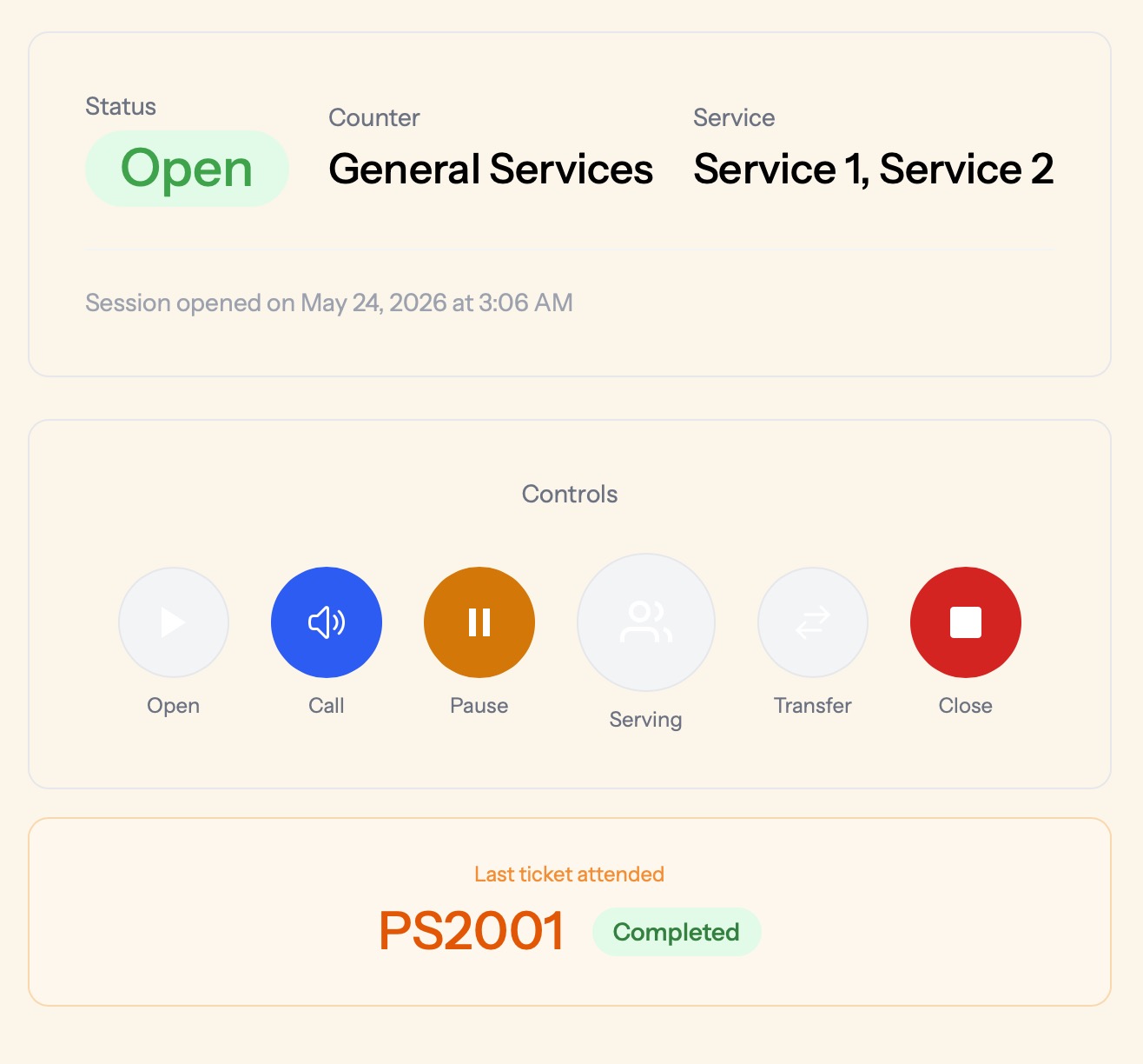Counter session screen with Open, Call, Pause, Serving, Transfer, and Close controls, showing the last ticket attended