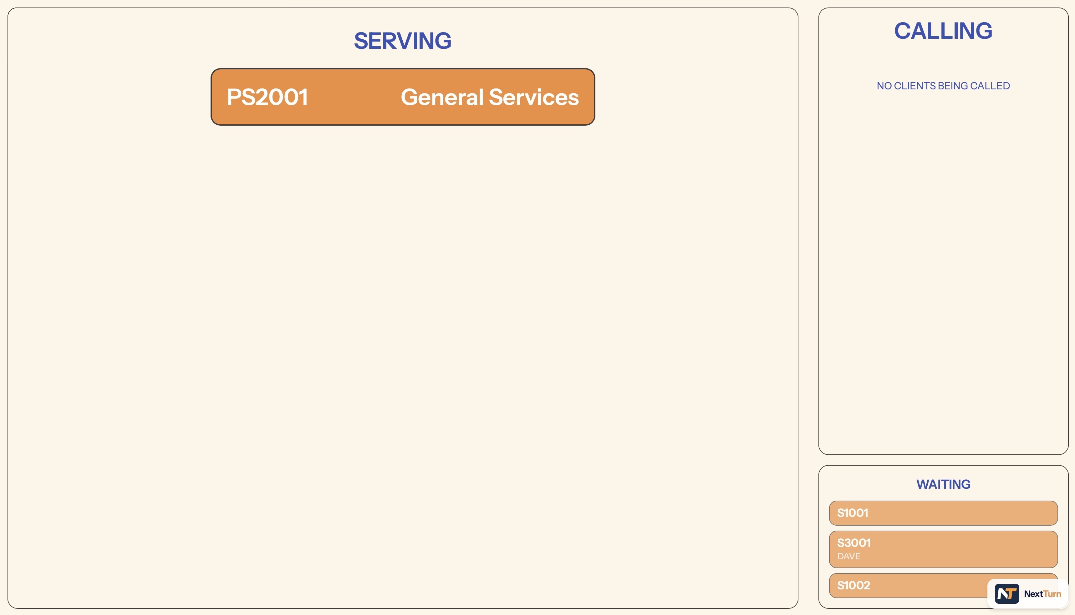 Public display screen with Serving, Calling, and Waiting columns, listing ticket codes and service names